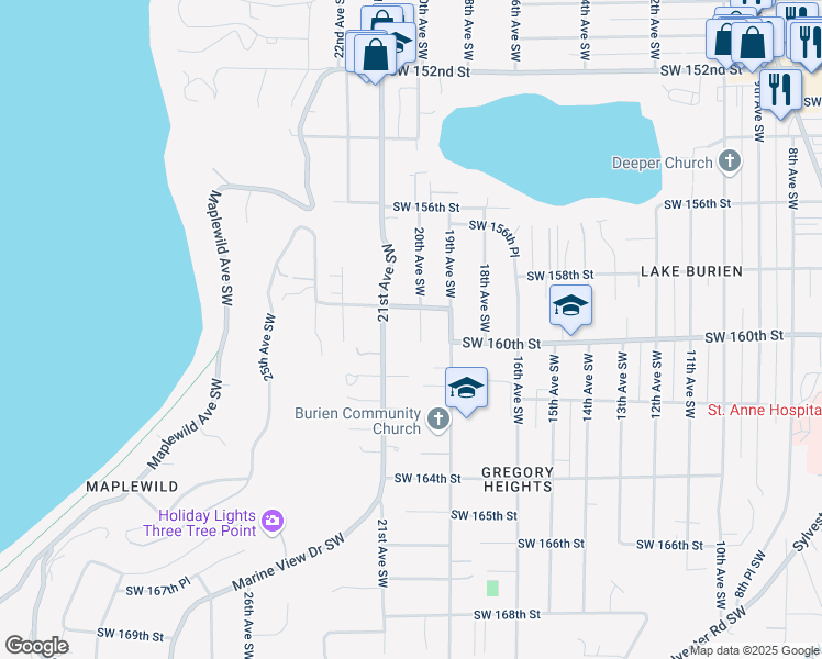 map of restaurants, bars, coffee shops, grocery stores, and more near 15919 20th Avenue Southwest in Burien