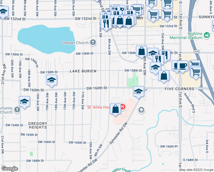 map of restaurants, bars, coffee shops, grocery stores, and more near 15857 8th Avenue Southwest in Burien