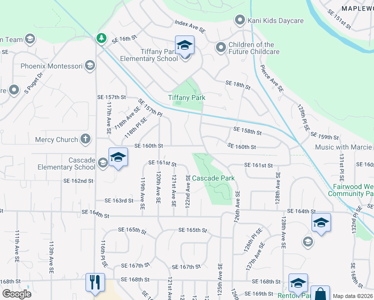 map of restaurants, bars, coffee shops, grocery stores, and more near 12135 Southeast 160th Street in Renton