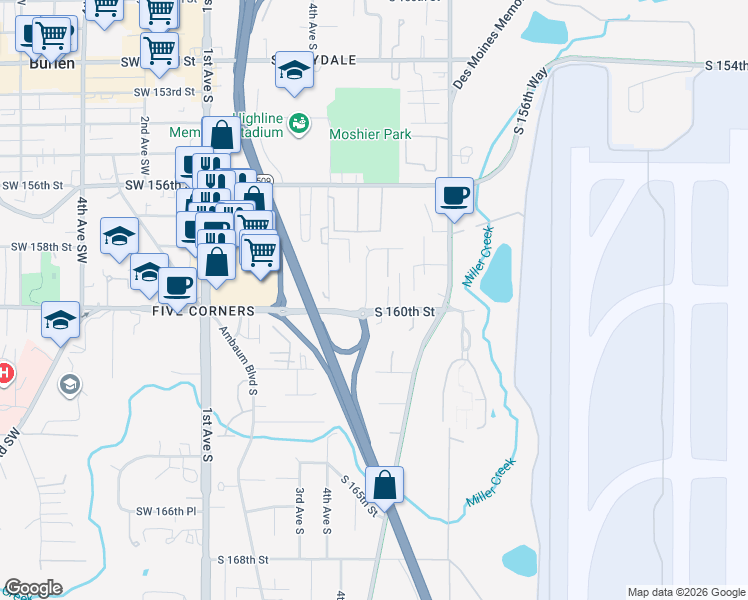 map of restaurants, bars, coffee shops, grocery stores, and more near 15854 5th Place South in Burien