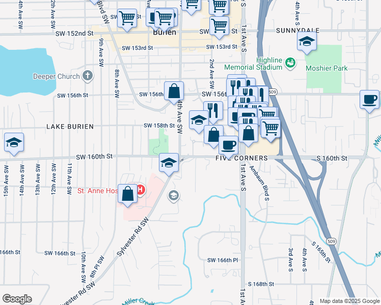 map of restaurants, bars, coffee shops, grocery stores, and more near 15929 3rd Place Southwest in Burien