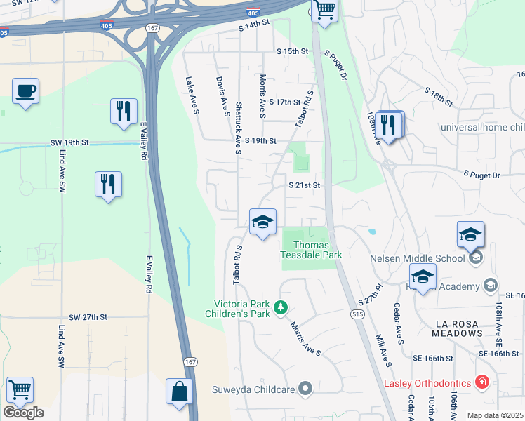 map of restaurants, bars, coffee shops, grocery stores, and more near 2206 Talbot Road South in Renton