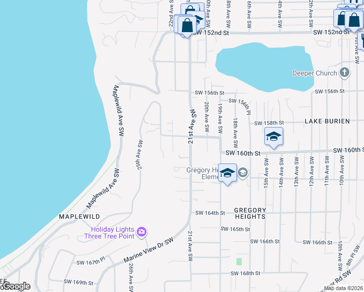 map of restaurants, bars, coffee shops, grocery stores, and more near 15917 21st Avenue Southwest in Burien