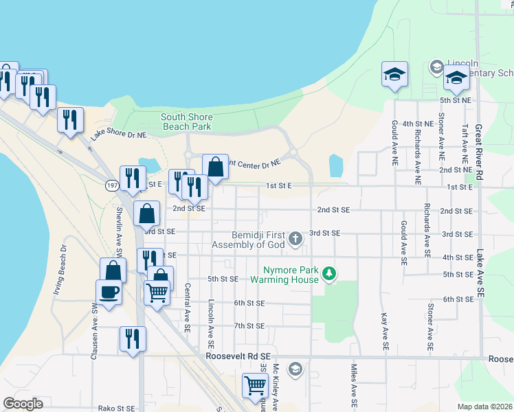 map of restaurants, bars, coffee shops, grocery stores, and more near 819 2nd Street Southeast in Bemidji