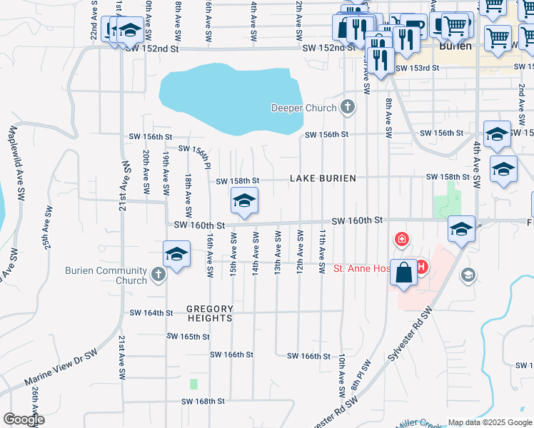 map of restaurants, bars, coffee shops, grocery stores, and more near 1316 Southwest 160th Street in Burien