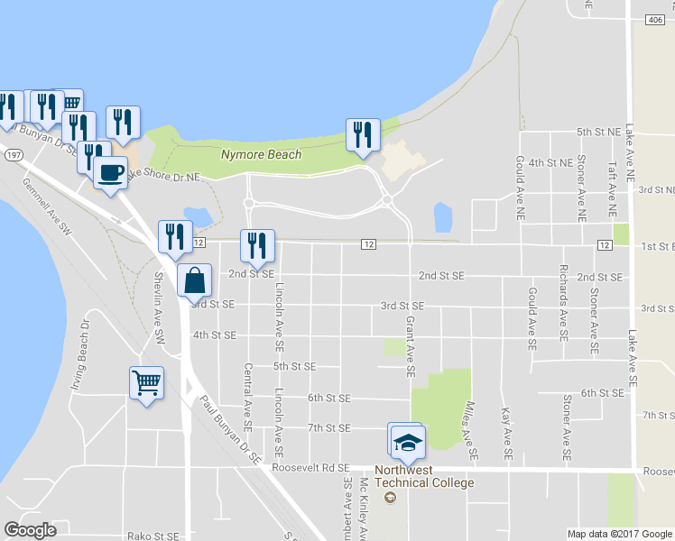map of restaurants, bars, coffee shops, grocery stores, and more near 819 2nd Street Southeast in Bemidji