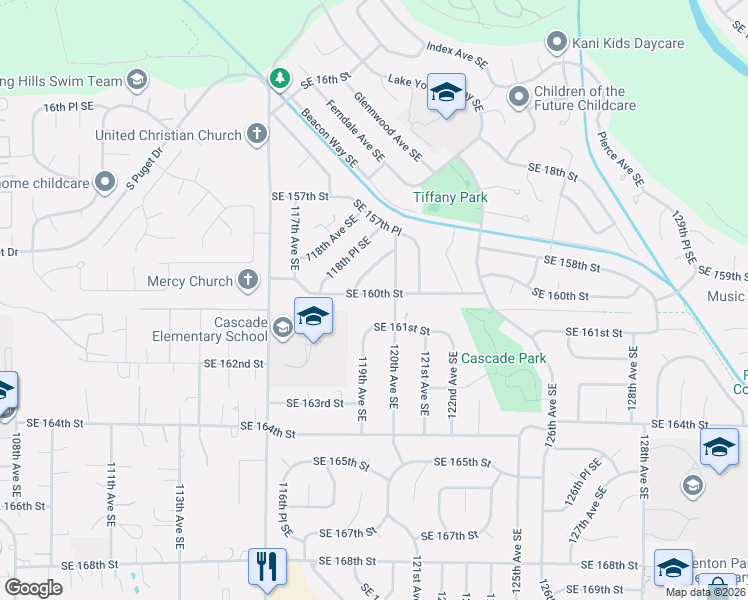 map of restaurants, bars, coffee shops, grocery stores, and more near 11969 Southeast 160th Street in Renton