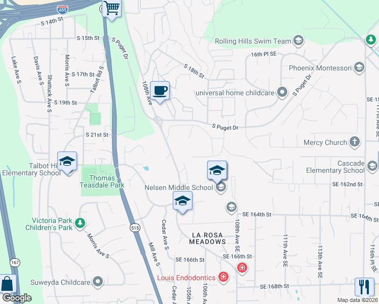 map of restaurants, bars, coffee shops, grocery stores, and more near 1425 South Puget Drive in Renton
