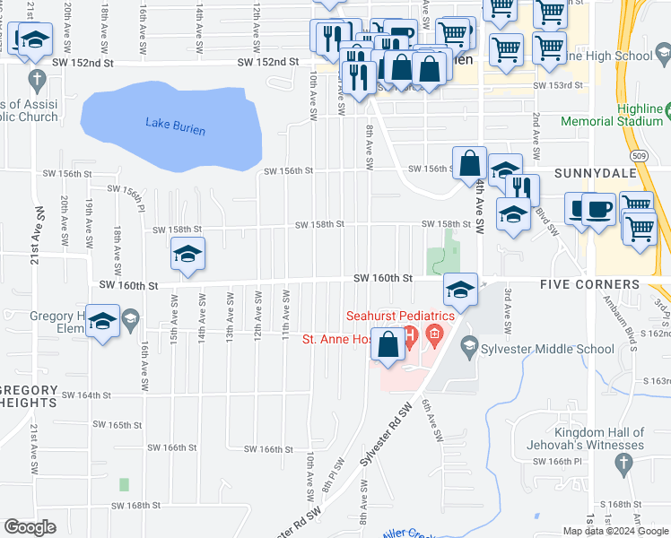 map of restaurants, bars, coffee shops, grocery stores, and more near 15853 9th Avenue Southwest in Burien