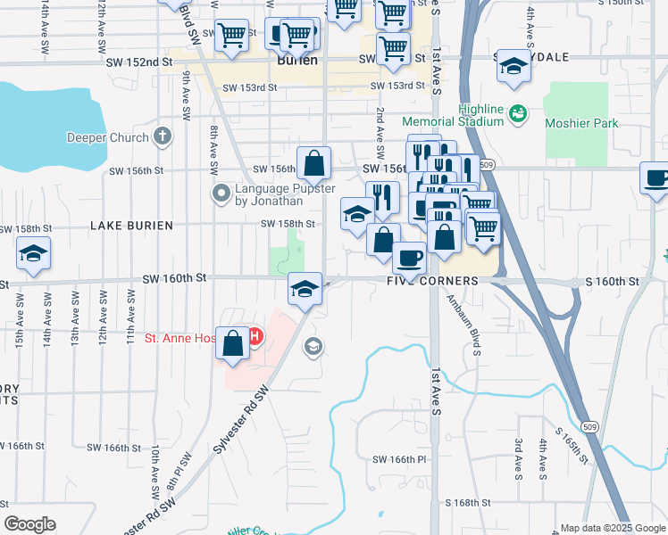 map of restaurants, bars, coffee shops, grocery stores, and more near 320 Southwest 160th Street in Seattle