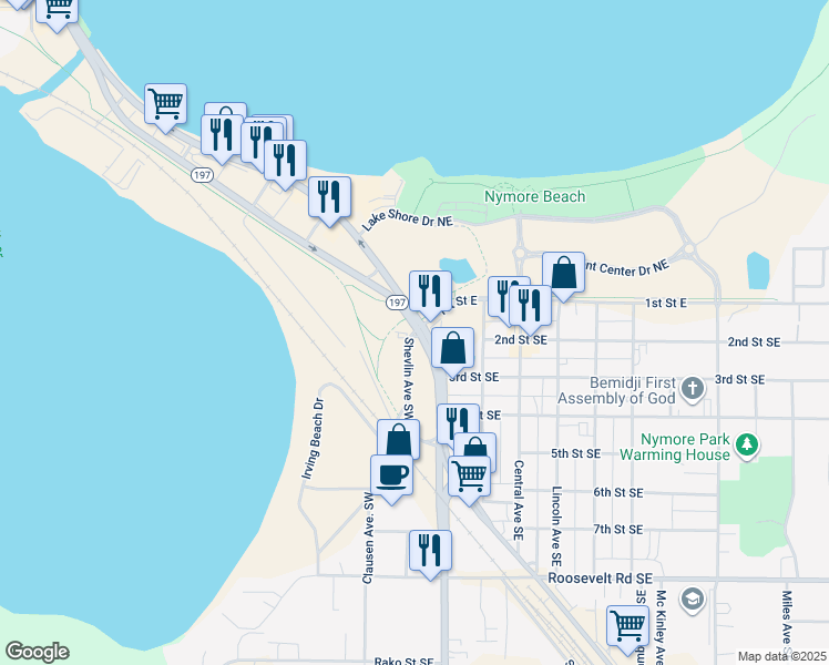 map of restaurants, bars, coffee shops, grocery stores, and more near 101 Shevlin Avenue Southwest in Bemidji