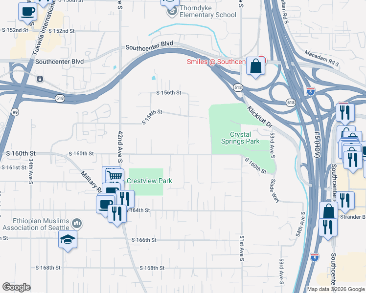 map of restaurants, bars, coffee shops, grocery stores, and more near 4610 South 160th Street in Tukwila