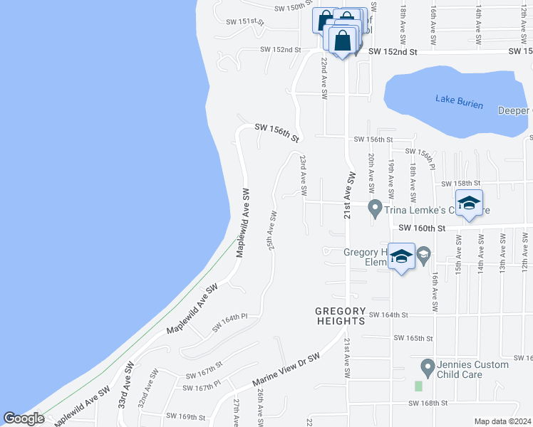 map of restaurants, bars, coffee shops, grocery stores, and more near 15919 25th Avenue Southwest in Burien