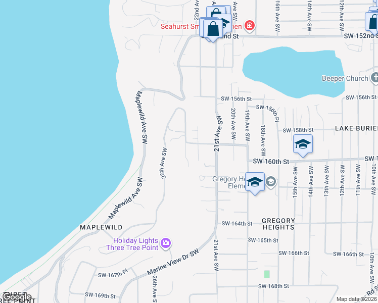 map of restaurants, bars, coffee shops, grocery stores, and more near 15921 22nd Avenue Southwest in Burien