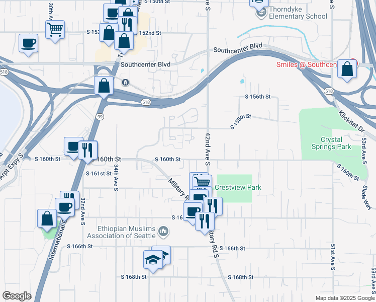 map of restaurants, bars, coffee shops, grocery stores, and more near 4022 S 160th St in Tukwila
