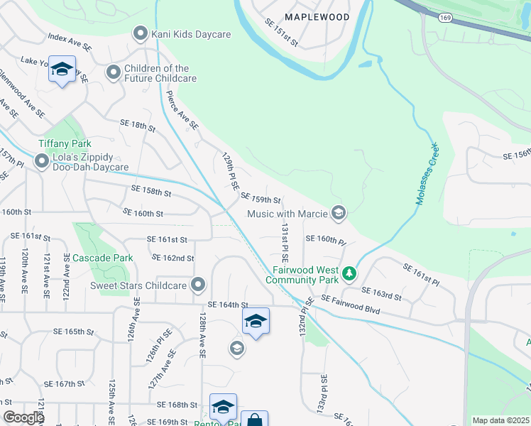 map of restaurants, bars, coffee shops, grocery stores, and more near 13042 Southeast 159th Place in Renton