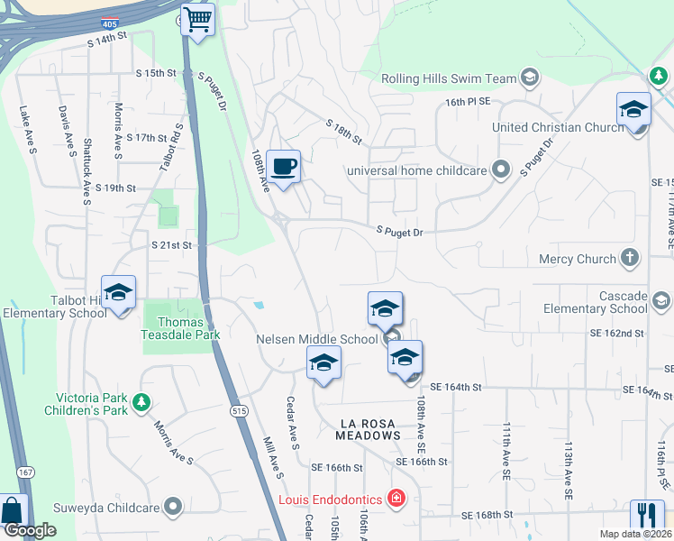 map of restaurants, bars, coffee shops, grocery stores, and more near 1425 South Puget Drive in Renton