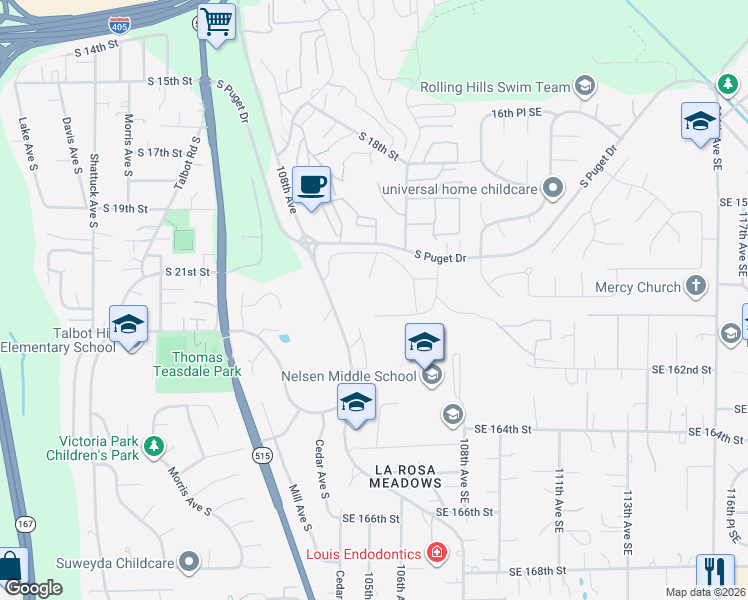 map of restaurants, bars, coffee shops, grocery stores, and more near 1425 South Puget Drive in Renton