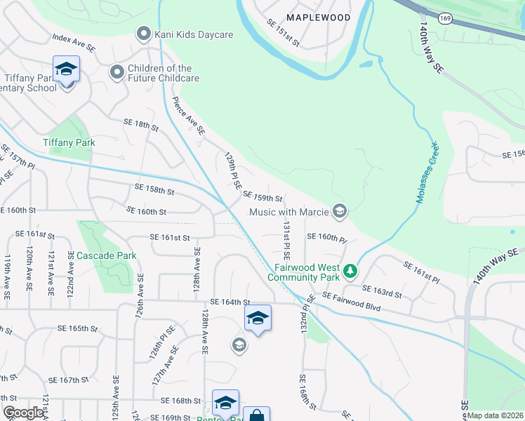 map of restaurants, bars, coffee shops, grocery stores, and more near 13042 Southeast 159th Place in Renton