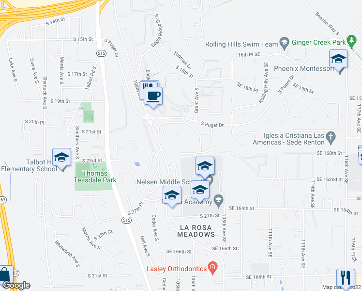 map of restaurants, bars, coffee shops, grocery stores, and more near 1425 South Puget Drive in Renton
