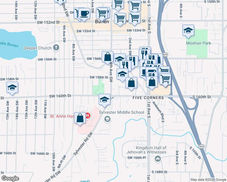 map of restaurants, bars, coffee shops, grocery stores, and more near 15929 3rd Place Southwest in Burien
