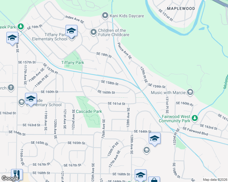 map of restaurants, bars, coffee shops, grocery stores, and more near 12611 Southeast 160th Street in Renton