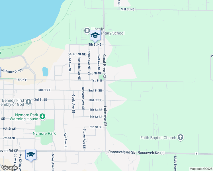 map of restaurants, bars, coffee shops, grocery stores, and more near 110 Lake Avenue Southeast in Bemidji