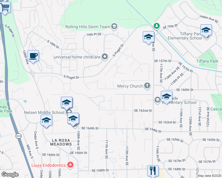 map of restaurants, bars, coffee shops, grocery stores, and more near Southeast 22nd Place in Renton
