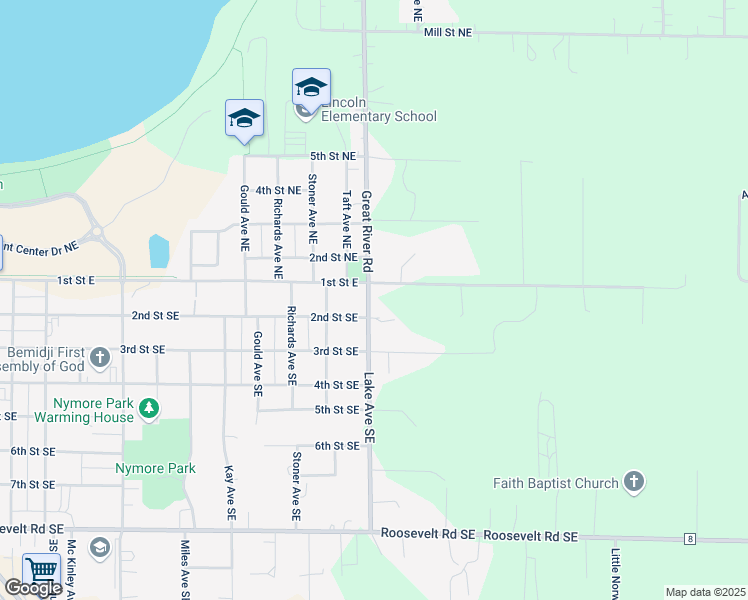 map of restaurants, bars, coffee shops, grocery stores, and more near 110 Lake Avenue Southeast in Bemidji