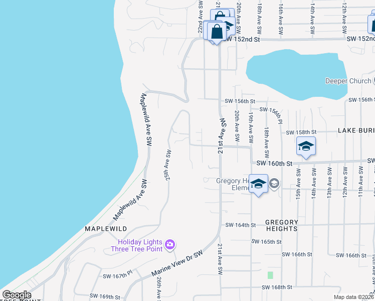 map of restaurants, bars, coffee shops, grocery stores, and more near 15909 23rd Avenue Southwest in Burien