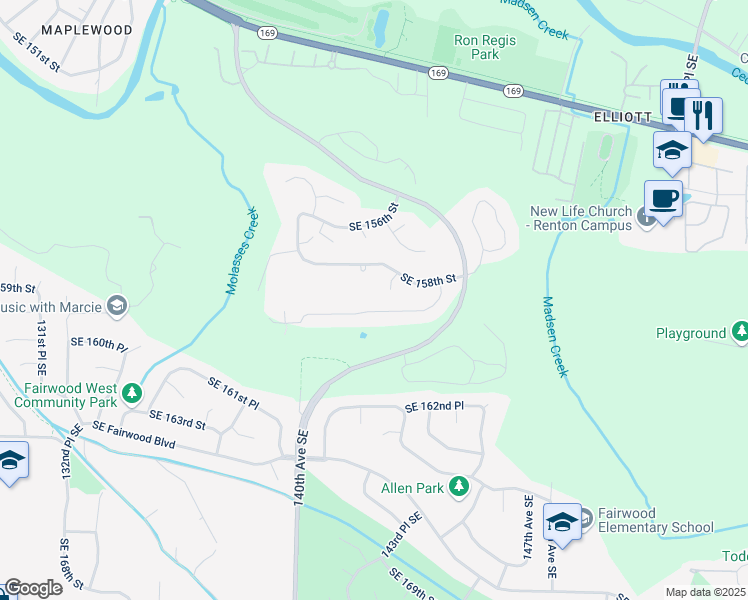map of restaurants, bars, coffee shops, grocery stores, and more near 13982 Southeast 159th Place in Renton