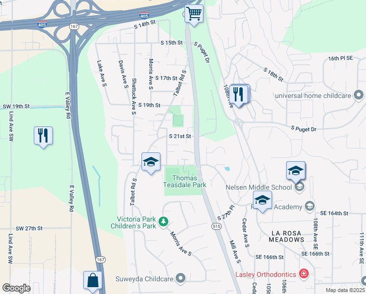 map of restaurants, bars, coffee shops, grocery stores, and more near 2211 Williams Avenue South in Renton