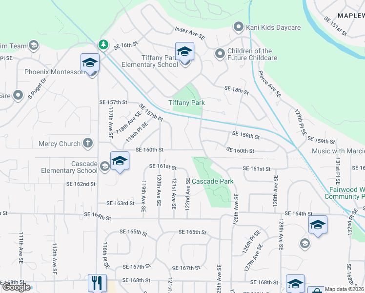 map of restaurants, bars, coffee shops, grocery stores, and more near 12135 Southeast 160th Street in Renton