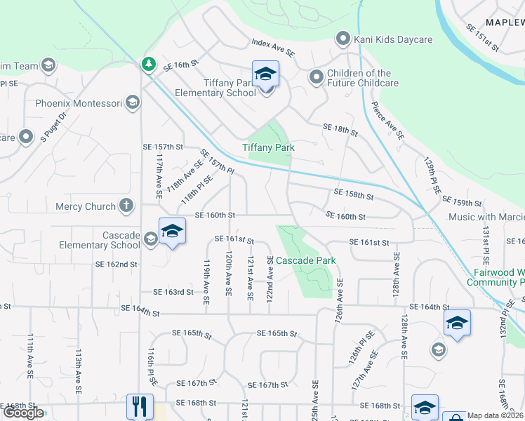 map of restaurants, bars, coffee shops, grocery stores, and more near 12135 Southeast 160th Street in Renton