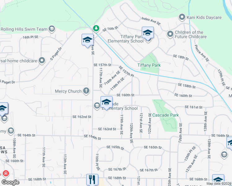 map of restaurants, bars, coffee shops, grocery stores, and more near 11871 Southeast 160th Street in Renton