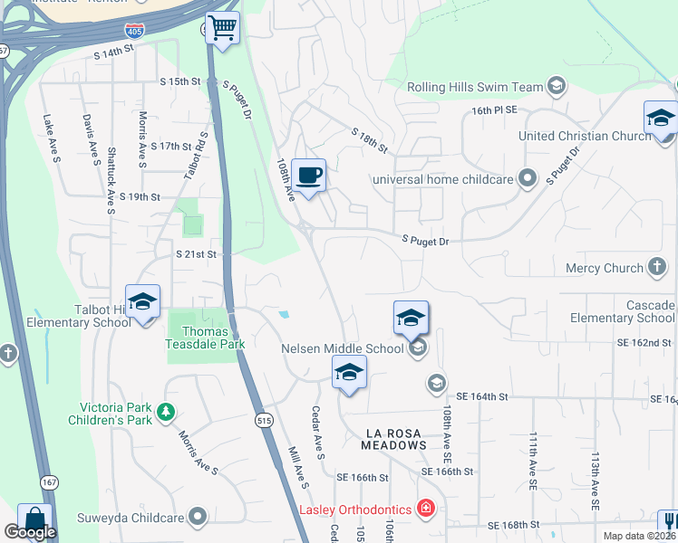 map of restaurants, bars, coffee shops, grocery stores, and more near 1425 South Puget Drive in Renton