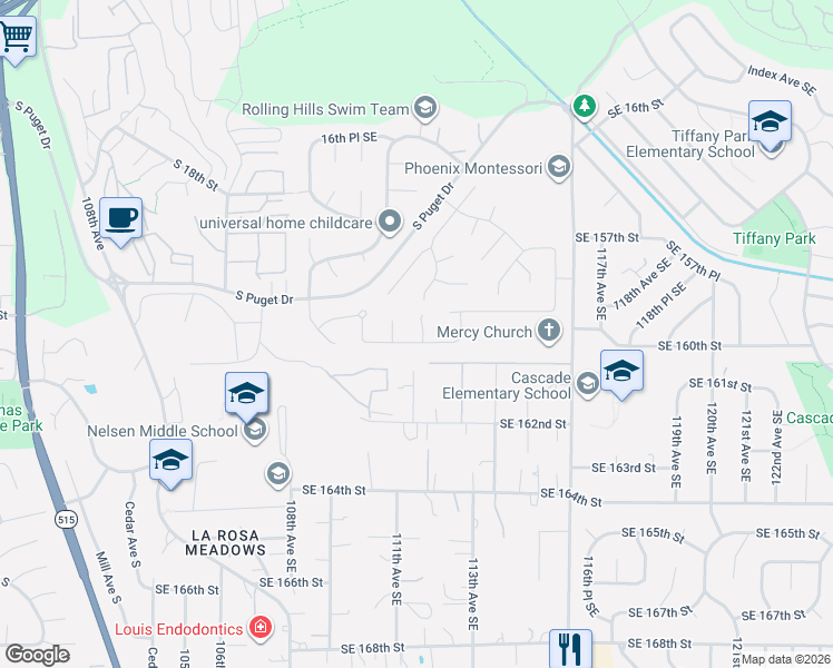 map of restaurants, bars, coffee shops, grocery stores, and more near 2103 Southeast 22nd Place in Renton