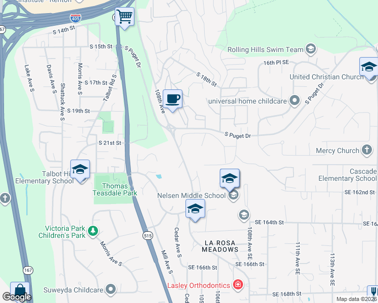 map of restaurants, bars, coffee shops, grocery stores, and more near 1425 South Puget Drive in Renton