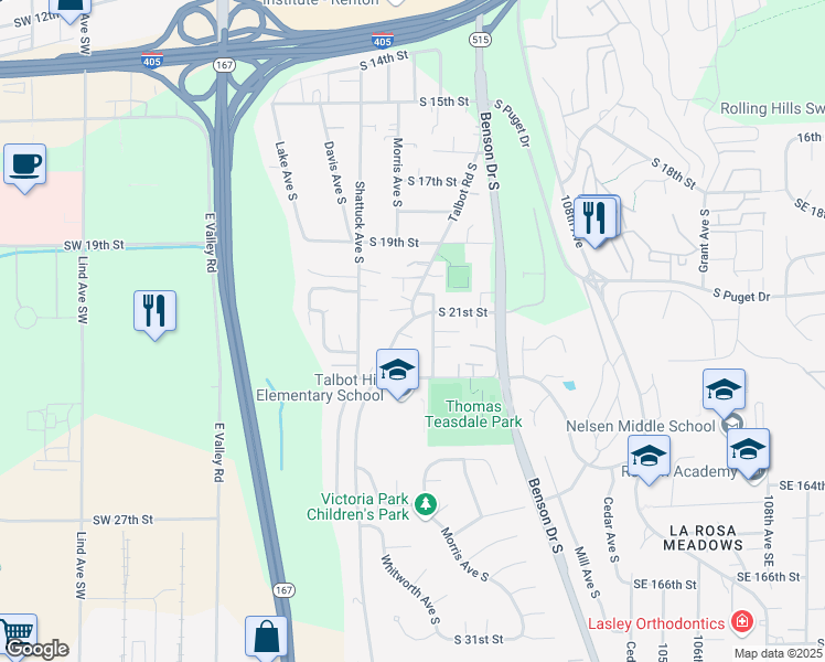 map of restaurants, bars, coffee shops, grocery stores, and more near 2206 Talbot Road South in Renton