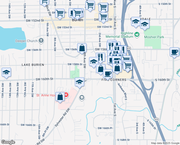 map of restaurants, bars, coffee shops, grocery stores, and more near 15929 3rd Place Southwest in Burien