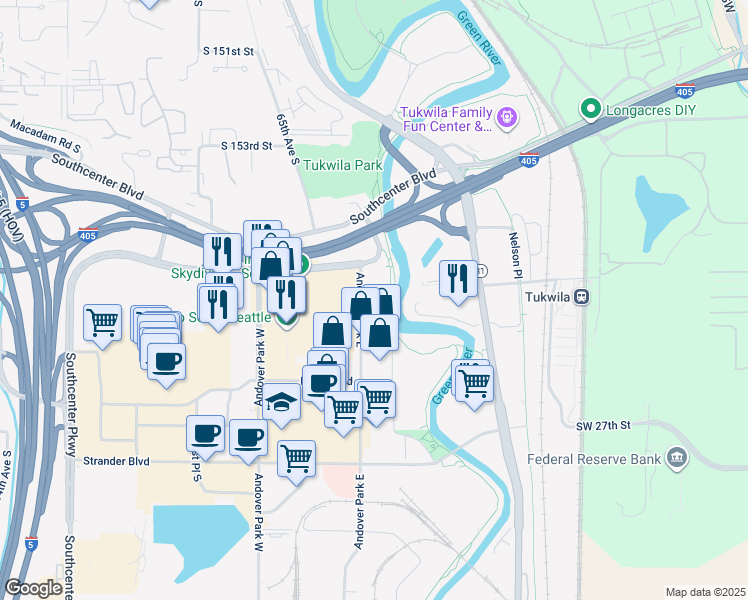map of restaurants, bars, coffee shops, grocery stores, and more near 112 Andover Park East in Tukwila