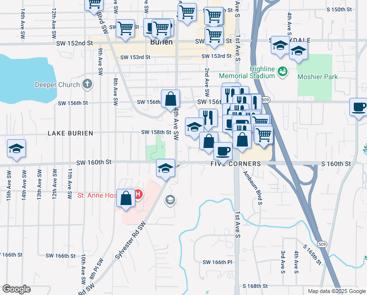 map of restaurants, bars, coffee shops, grocery stores, and more near 15929 3rd Place Southwest in Burien