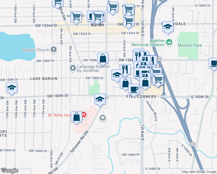 map of restaurants, bars, coffee shops, grocery stores, and more near 15929 3rd Place Southwest in Burien