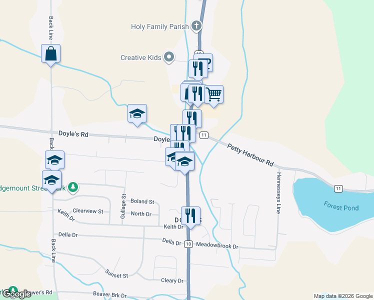 map of restaurants, bars, coffee shops, grocery stores, and more near 722 Main Road in St. John's
