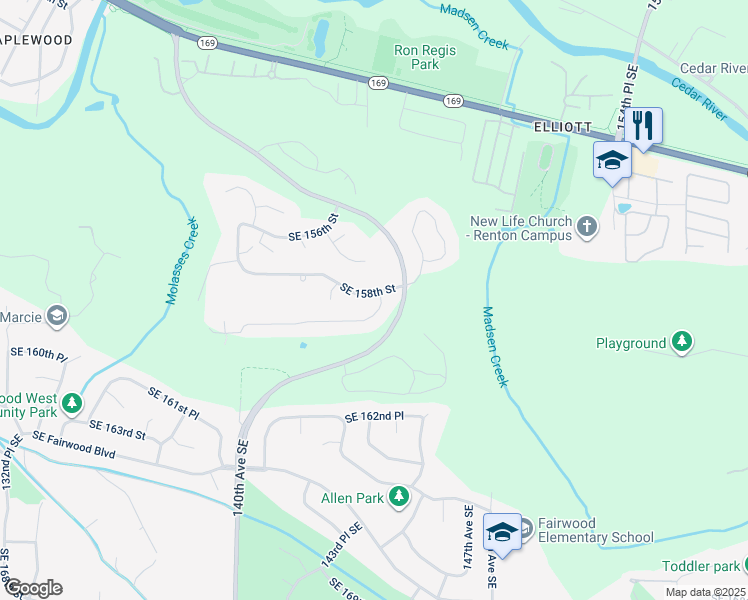 map of restaurants, bars, coffee shops, grocery stores, and more near 14039 Southeast 158th Street in Renton