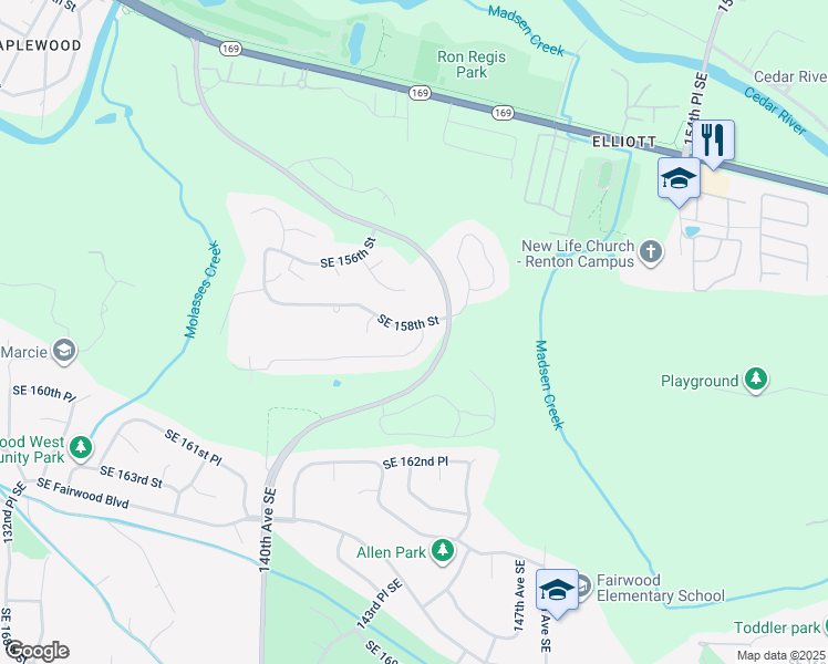 map of restaurants, bars, coffee shops, grocery stores, and more near 14039 Southeast 158th Street in Renton