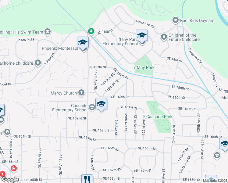 map of restaurants, bars, coffee shops, grocery stores, and more near 11871 Southeast 160th Street in Renton