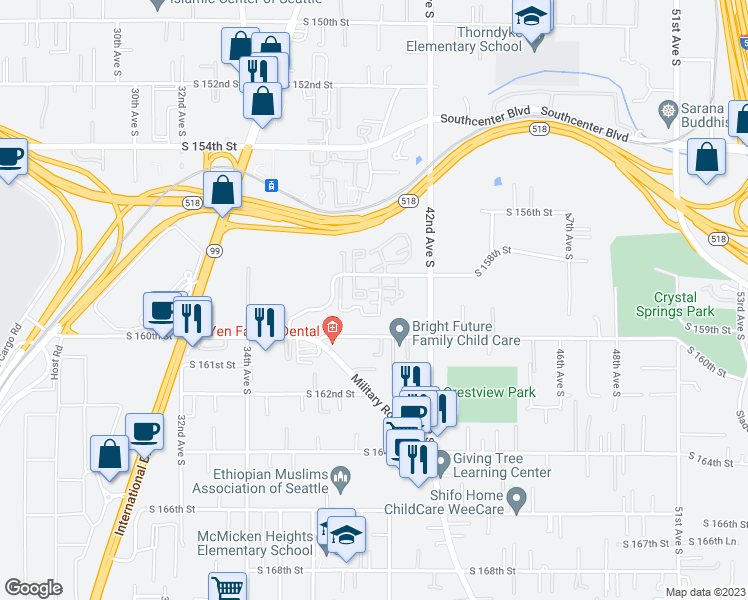 map of restaurants, bars, coffee shops, grocery stores, and more near 4022 South 160th Street in Tukwila
