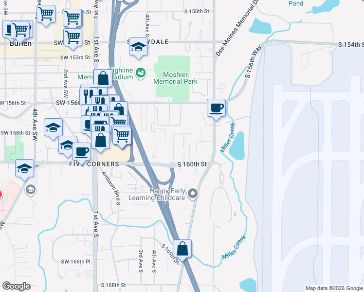 map of restaurants, bars, coffee shops, grocery stores, and more near 15854 5th Place South in Burien