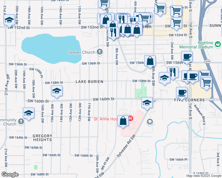 map of restaurants, bars, coffee shops, grocery stores, and more near 15853 9th Avenue Southwest in Burien